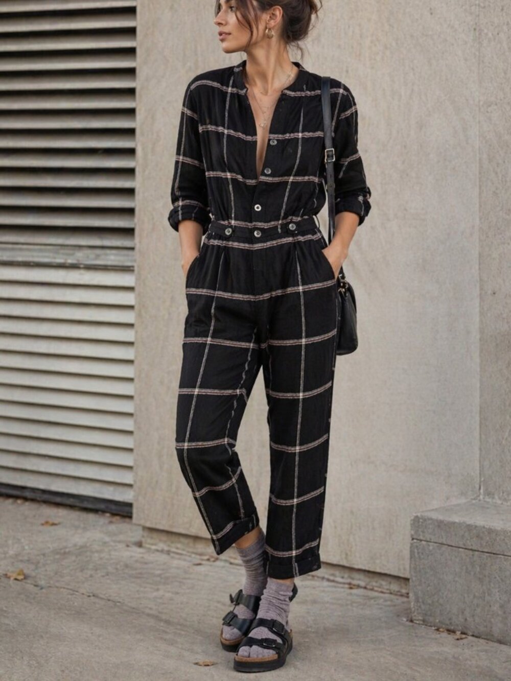 Free People Keep It In Check Jumpsuit Black Plaid Cropped Coveralls S Boho Utili